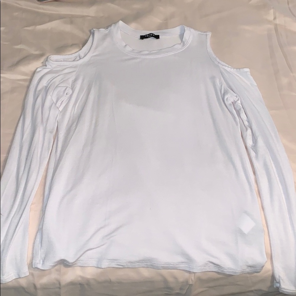 long sleeve, cut off shoulder, white shirt